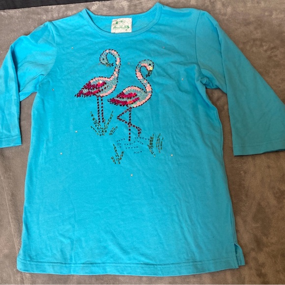 Quacker Factory Tops - Quacker Factory Turquoise 3/4 Sleeve Tee with Sequin Flamingos